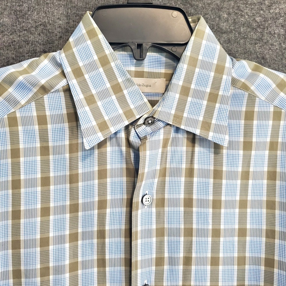 Emenegildo Zegna Shirt Mens Medium Button‎ Down Blue /Gray Stripe Cotton Dress